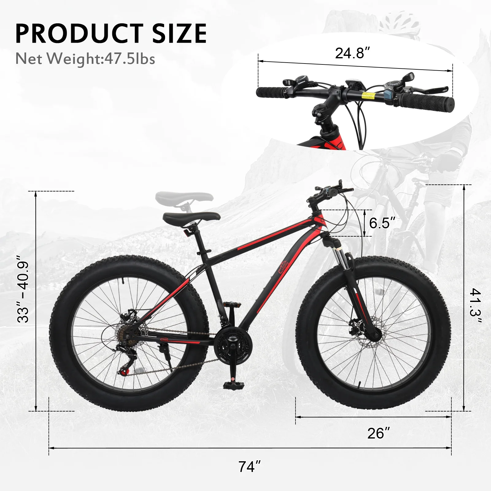 Ktaxon 26in Fat Tire Mountain Bike, 21 Speeds Shimano Drivetrain, High Carbon Steel, Red Black - Image 3